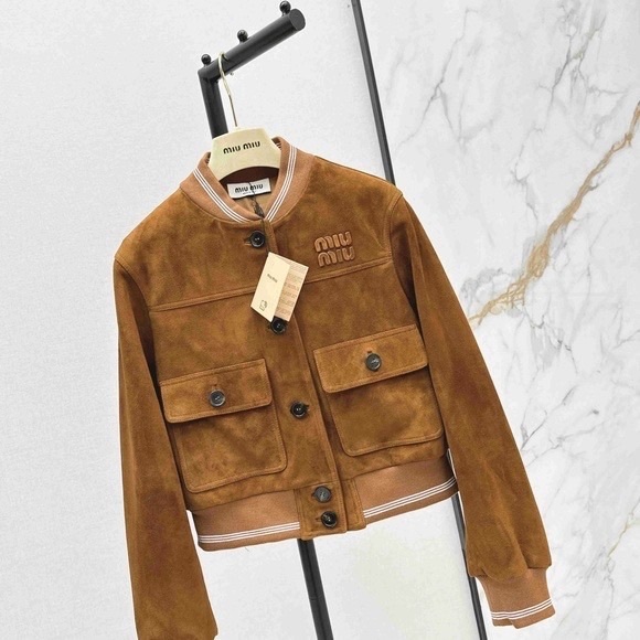 Miu Miu Brown Suede Cropped Bomber Jacket Logo Button Front Pockets - Picture 2 of 8